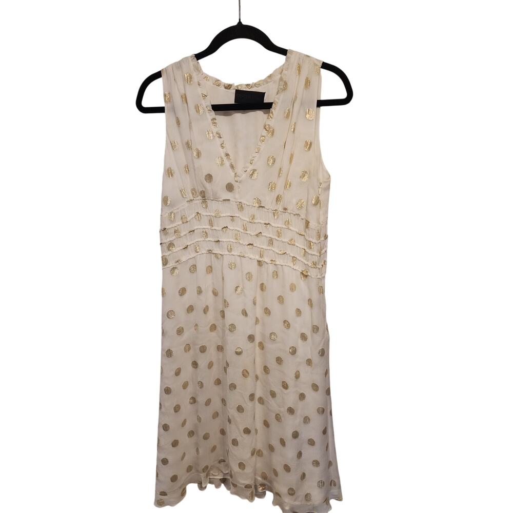 Derek Lam Silk Dress Size 6 White Gold Polka Dots Mini V Neck Chiffon